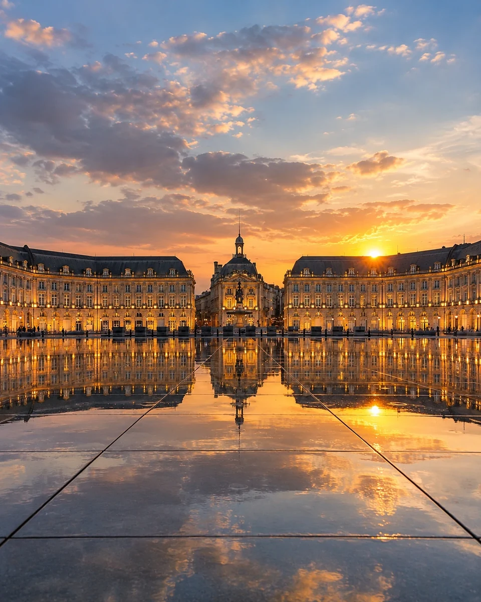 The water mirror and Place de la Bourse in Bordeaux at sunset