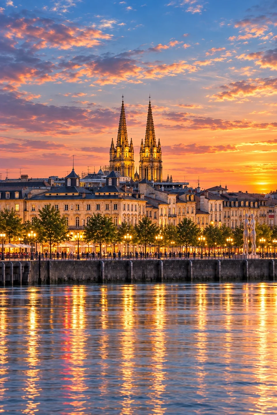 The Garonne quays and the spires of a Bordeaux church at dusk