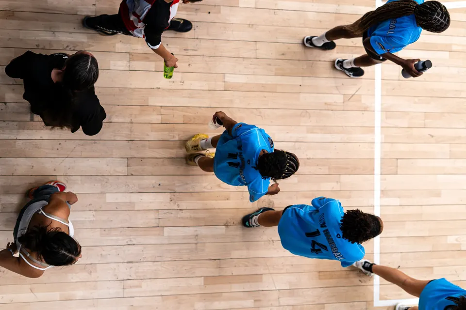 Handball players seen from above during a break