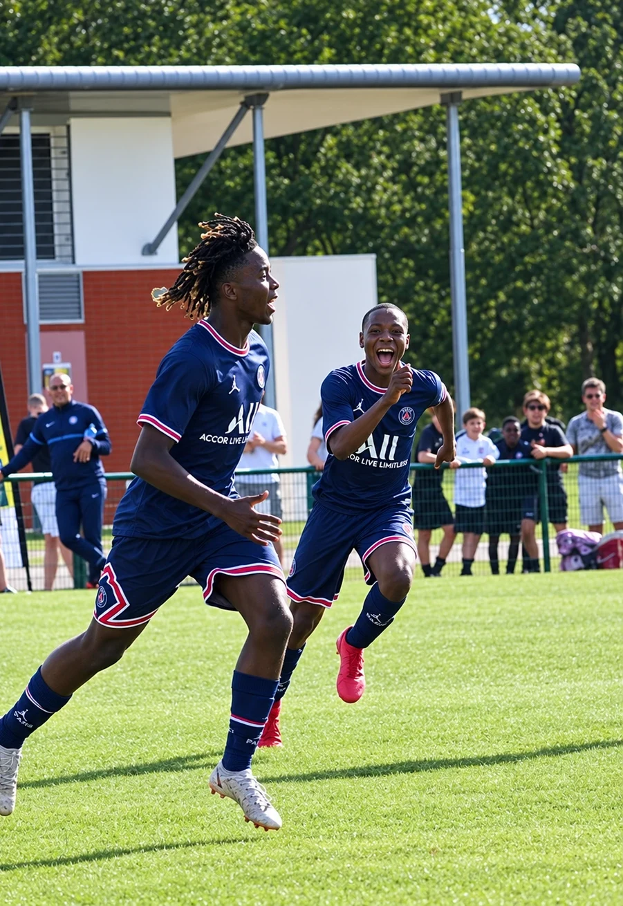 Two young footballers celebrating a goal