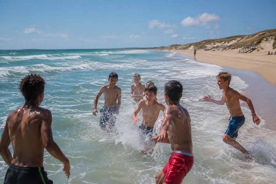 Young players playing in the ocean waves, below the dunes